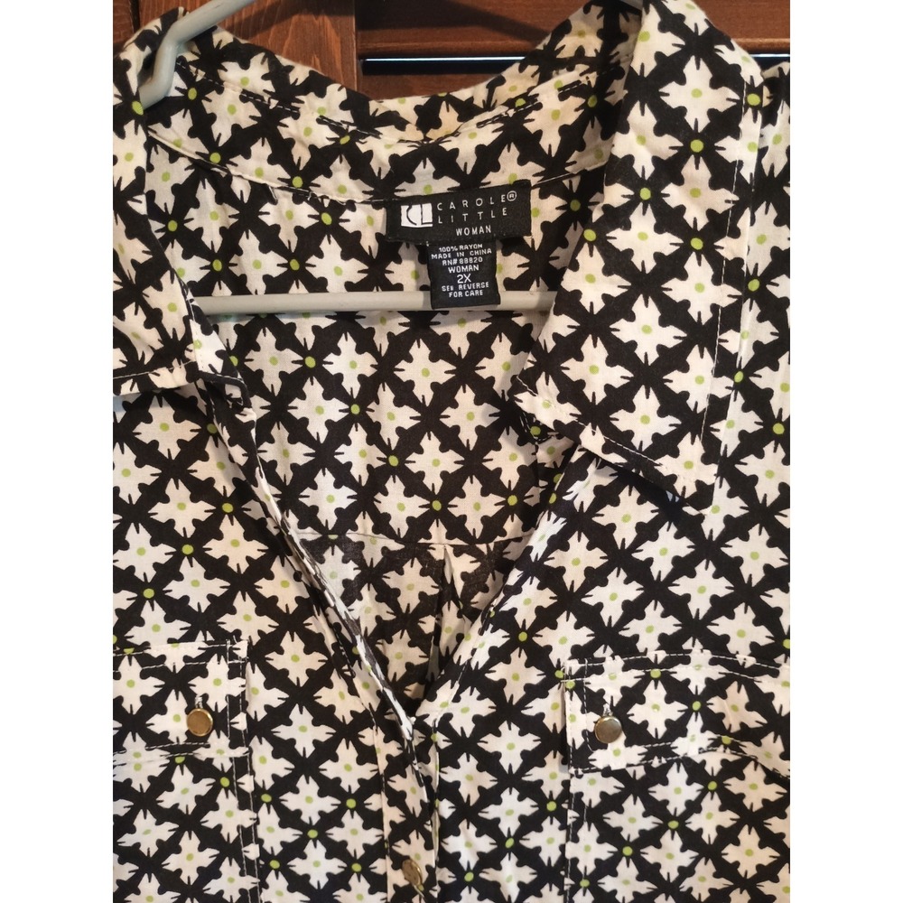 Carol Little Top Women 2X Black White‎ Green Diamond  Design Artsy Boho Classic